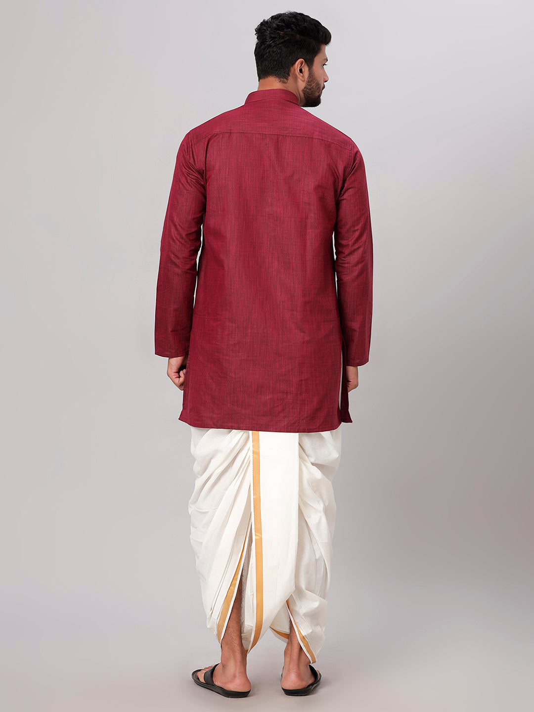 Mens Medium Length Maroon Kurta with Cream Panchakacham Combo FS7-Back view
