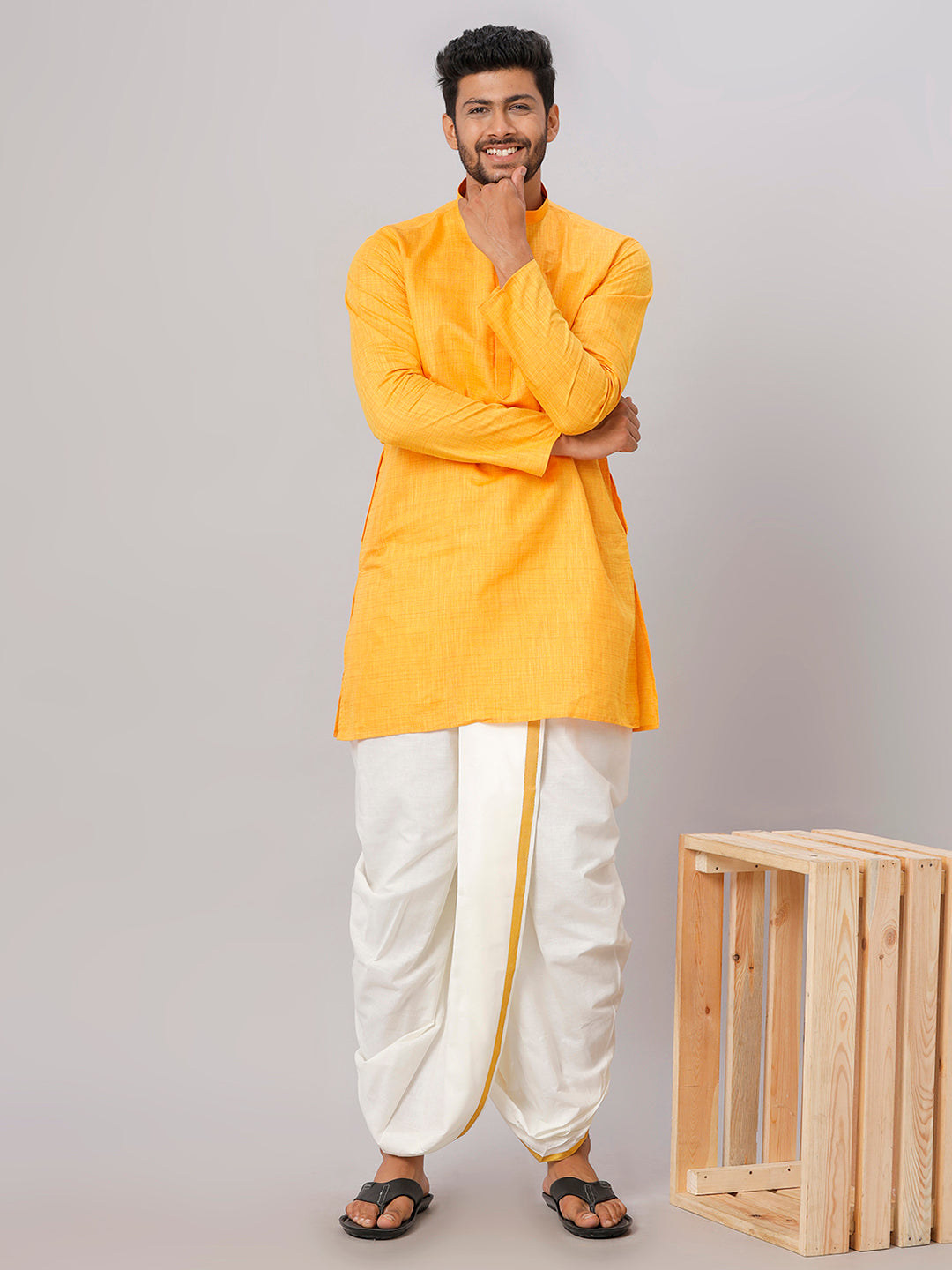 Mens Medium Length Yellow Kurta with Cream Panchakacham Combo FS1