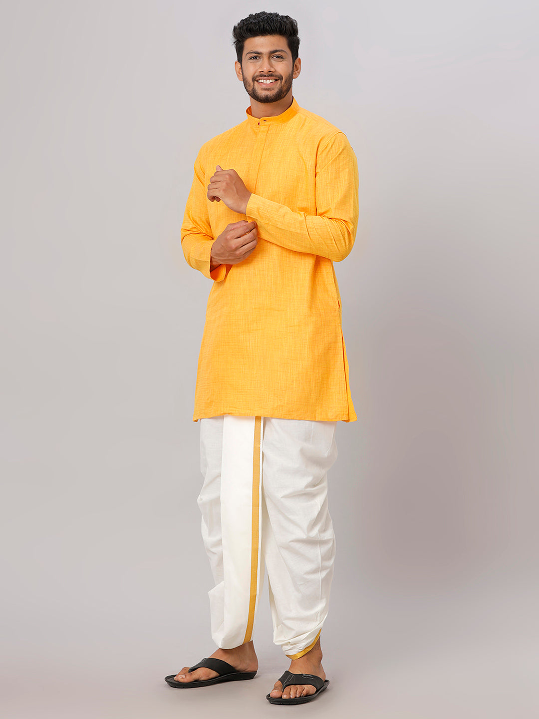 Mens Medium Length Yellow Kurta with Cream Panchakacham Combo FS1-Side view