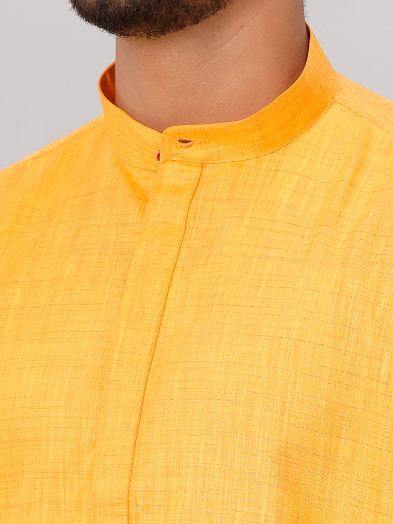 Mens Cotton Full Sleeves Yellow Medium Length Pocket Kurta FS1