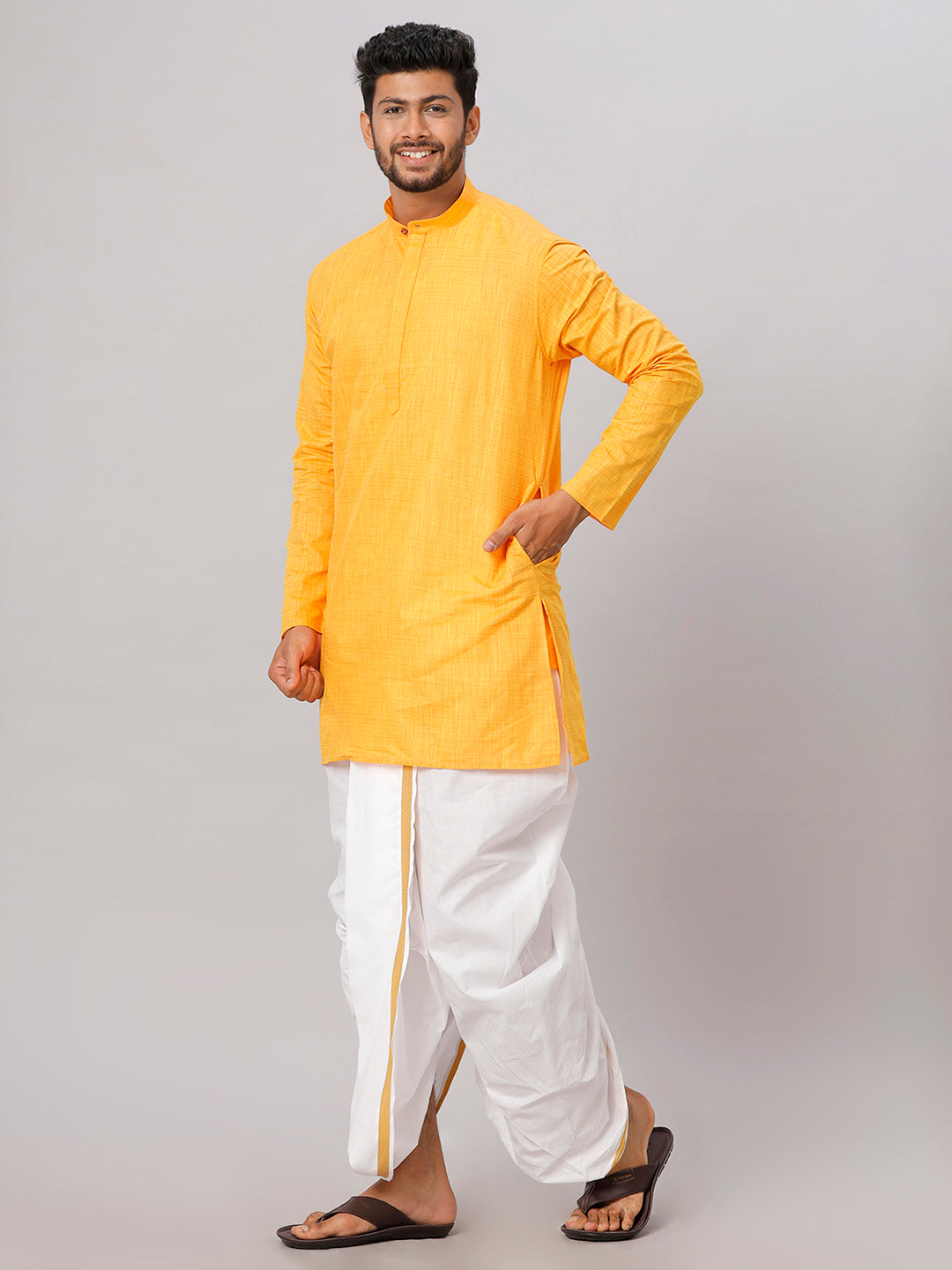Mens Medium Length Yellow Kurta with White Panchakacham Combo FS1-Side view