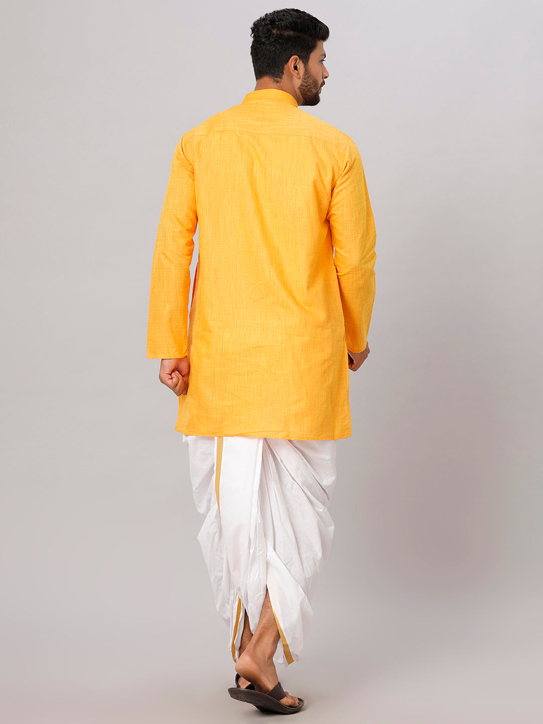 Mens Medium Length Yellow Kurta with White Panchakacham Combo FS1-Back view