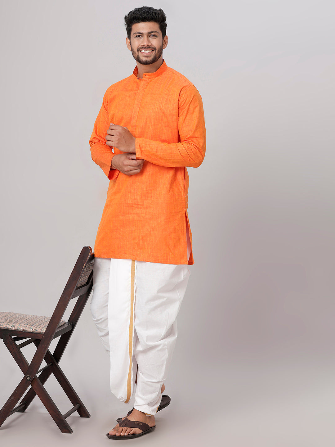 Mens Medium Length Orange Kurta with White Panchakacham Combo FS3
