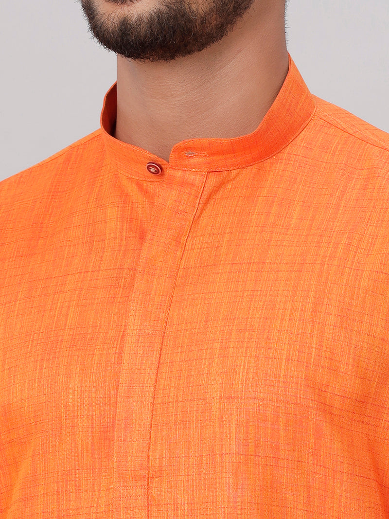 Mens Cotton Full Sleeves Orange Medium Length Pocket Kurta FS3