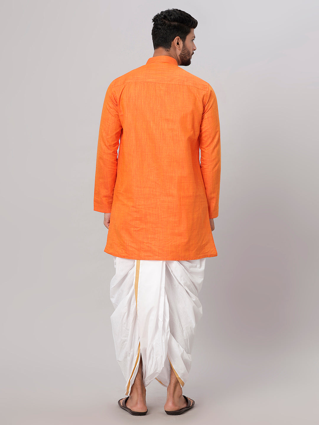 Mens Medium Length Orange Kurta with White Panchakacham Combo FS3-Back view