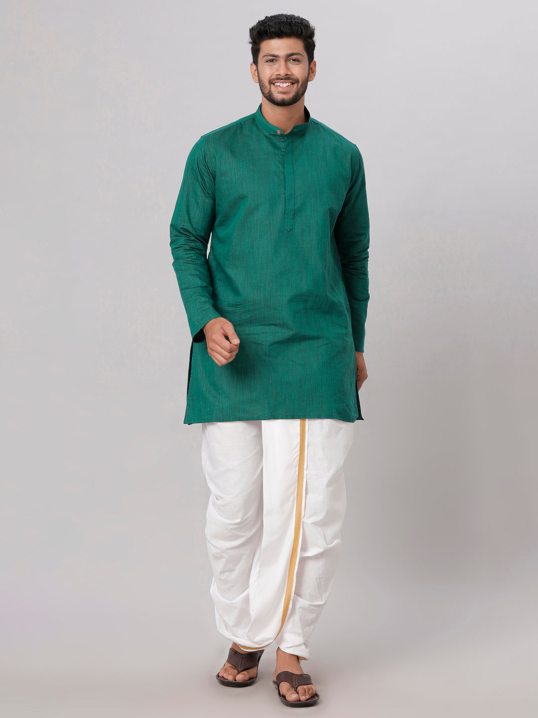 Mens Medium Length Dark Green Kurta with White Panchakacham Combo FS5