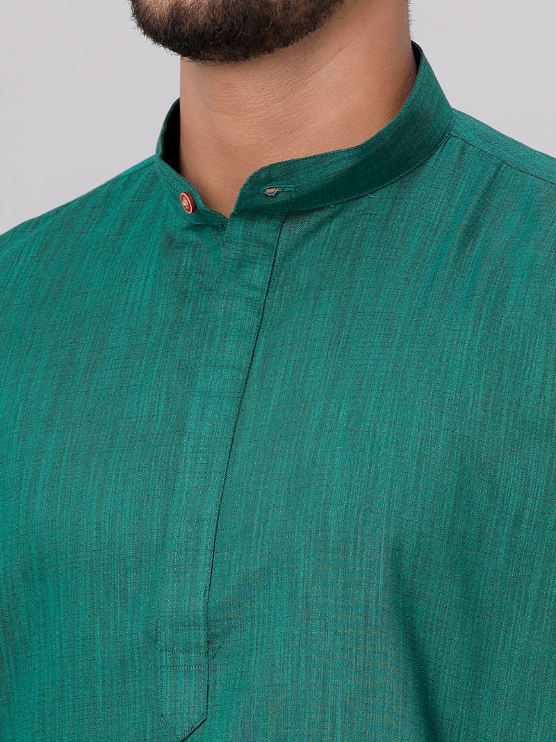 Mens Cotton Full Sleeves Dark Green Medium Length Pocket Kurta FS5