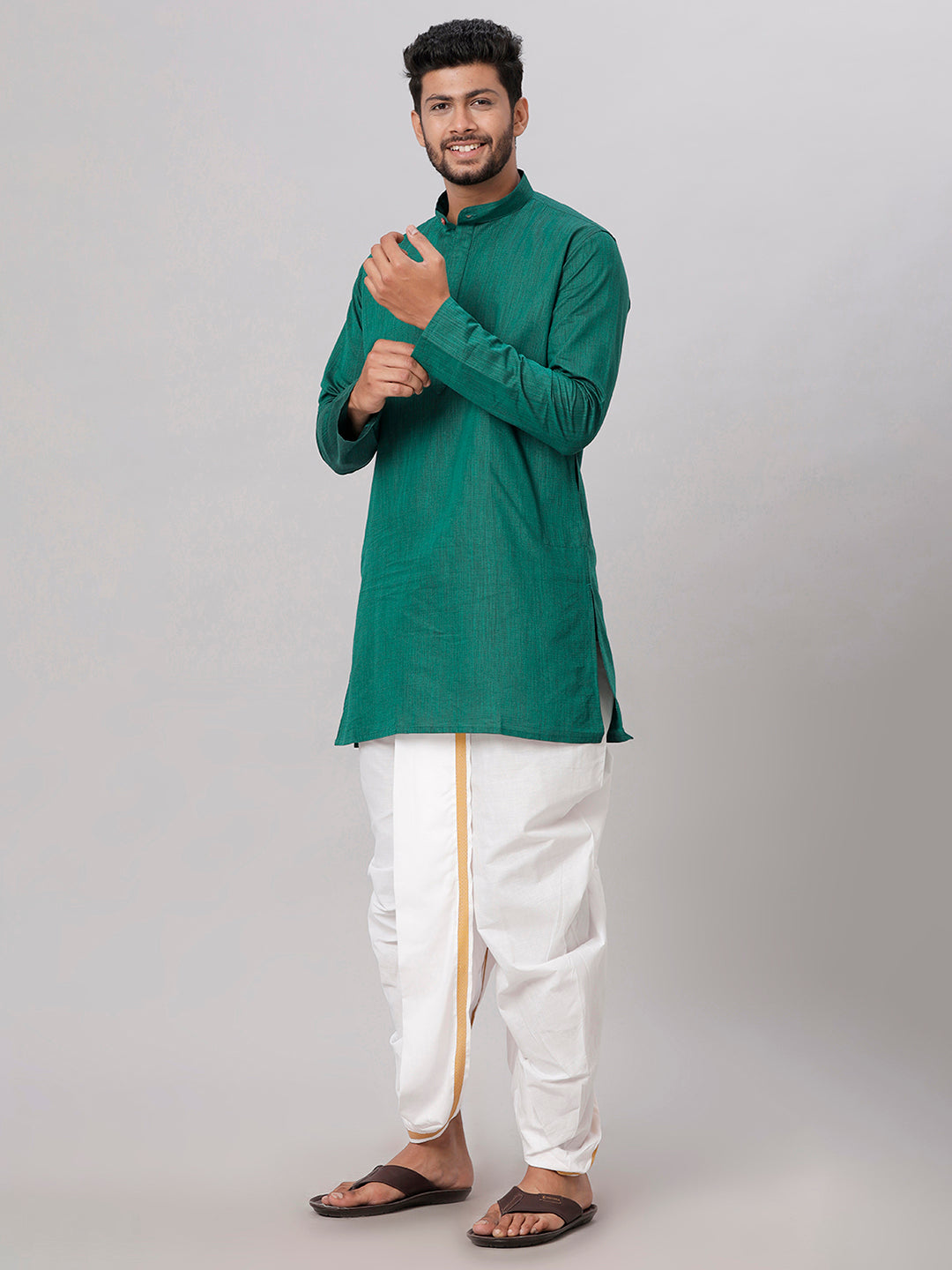 Mens Medium Length Dark Green Kurta with White Panchakacham Combo FS5-Front view