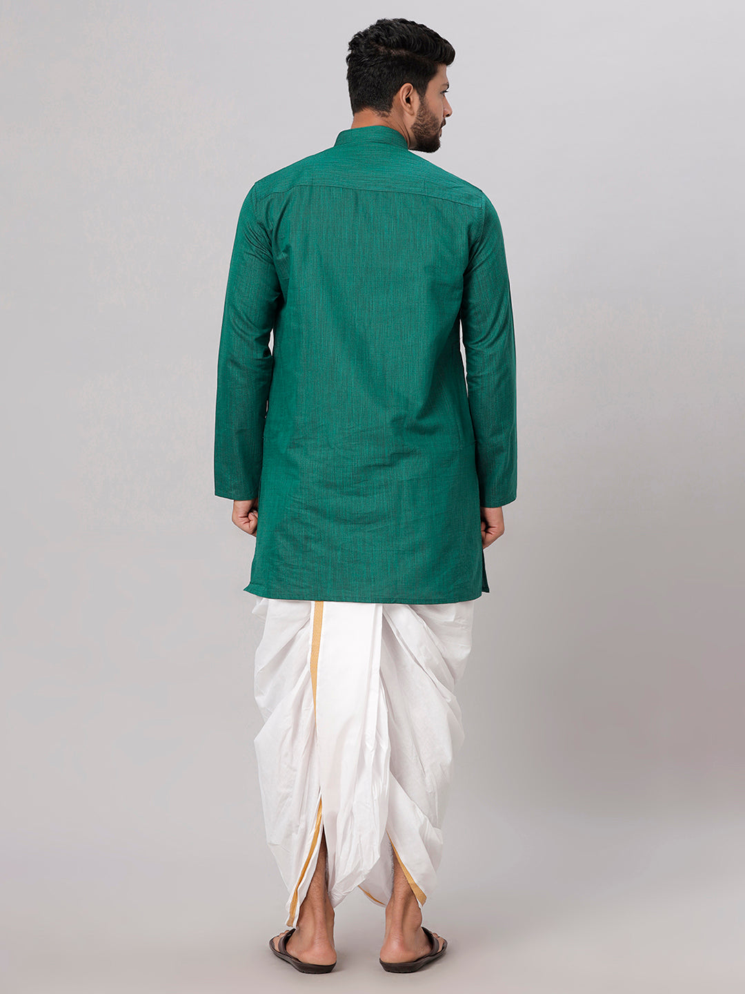 Mens Medium Length Dark Green Kurta with White Panchakacham Combo FS5-Back view