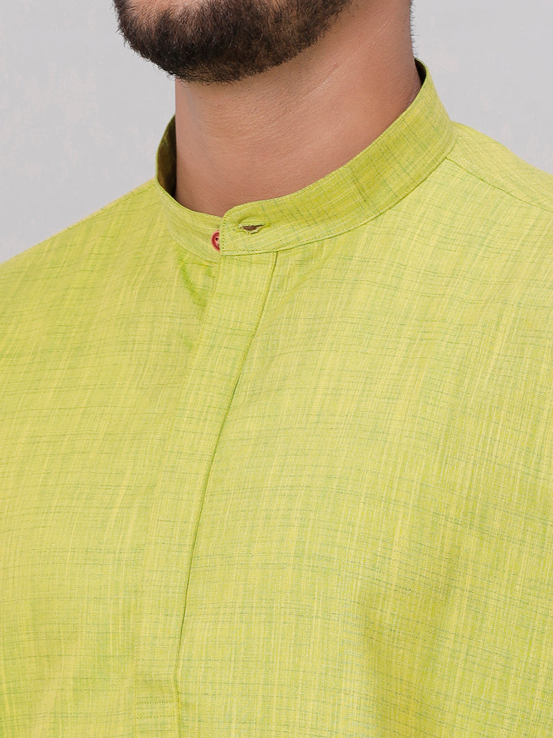 Mens Cotton Full Sleeves Parrot Green Medium Length Pocket Kurta FS2