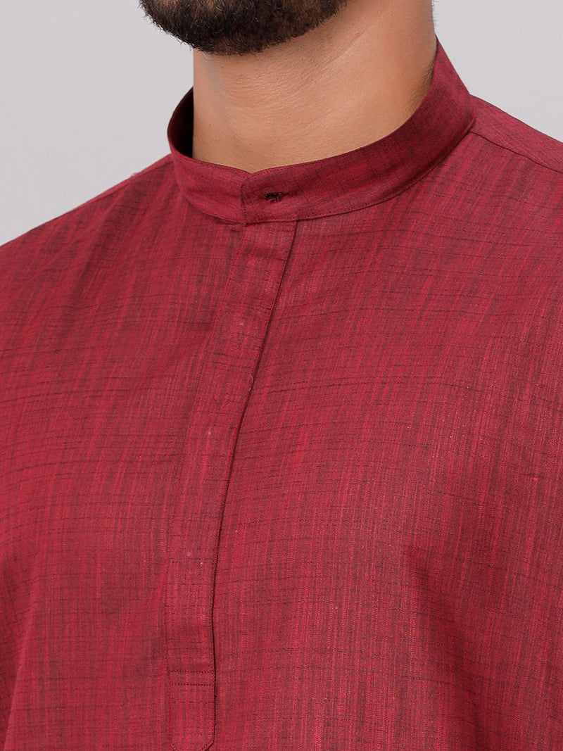 Mens Cotton Full Sleeves Maroon Medium Length Pocket Kurta FS7
