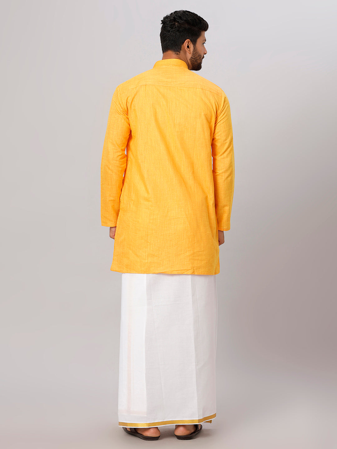 Mens Yellow Medium Length Kurta with 3/4" Gold Jari White Dhoti Set FS1-Back view