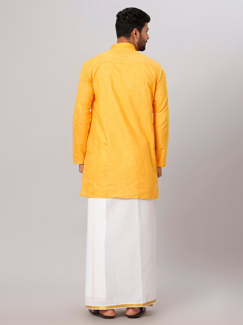 Mens Yellow Medium Length Kurta with 3/4" Gold Jari White Dhoti Set FS1