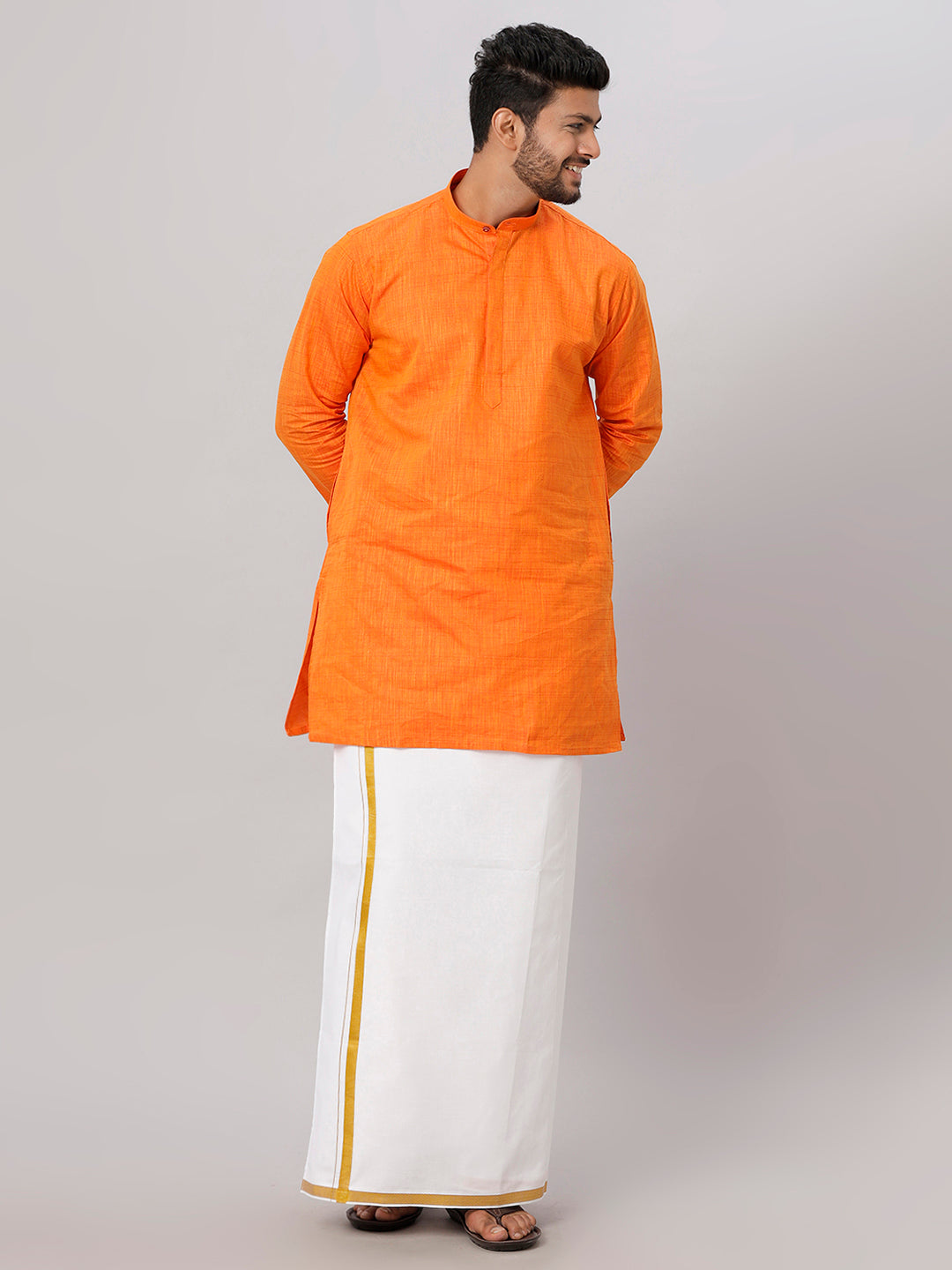 Mens Orange Medium Length Kurta with 3/4" Gold Jari White Dhoti Set FS3-Side view
