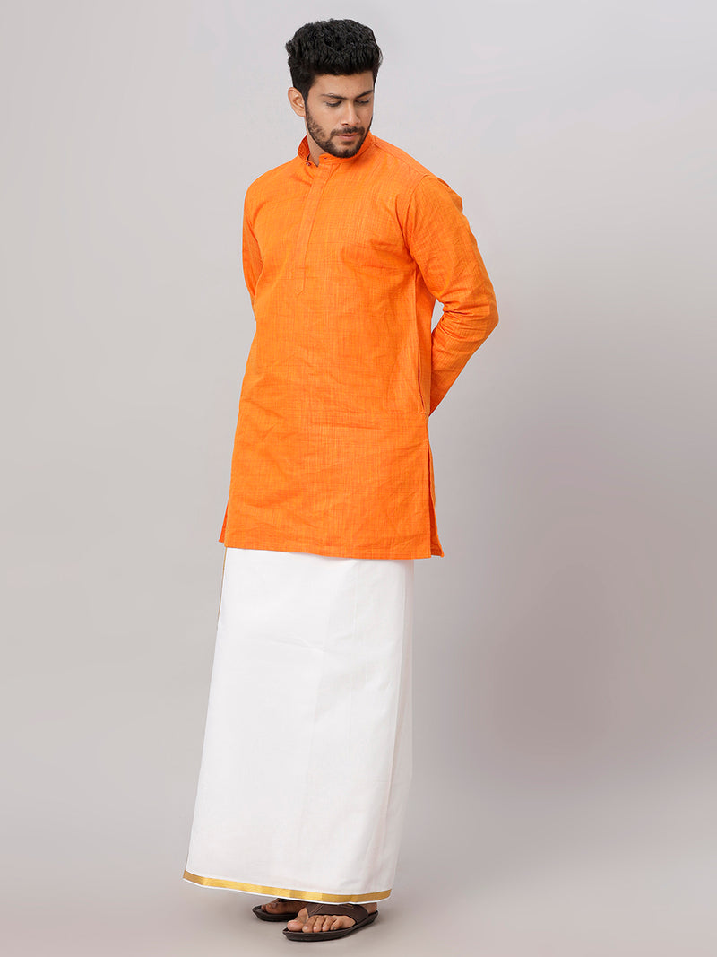 Mens Orange Medium Length Kurta with 3/4" Gold Jari White Dhoti Set FS3