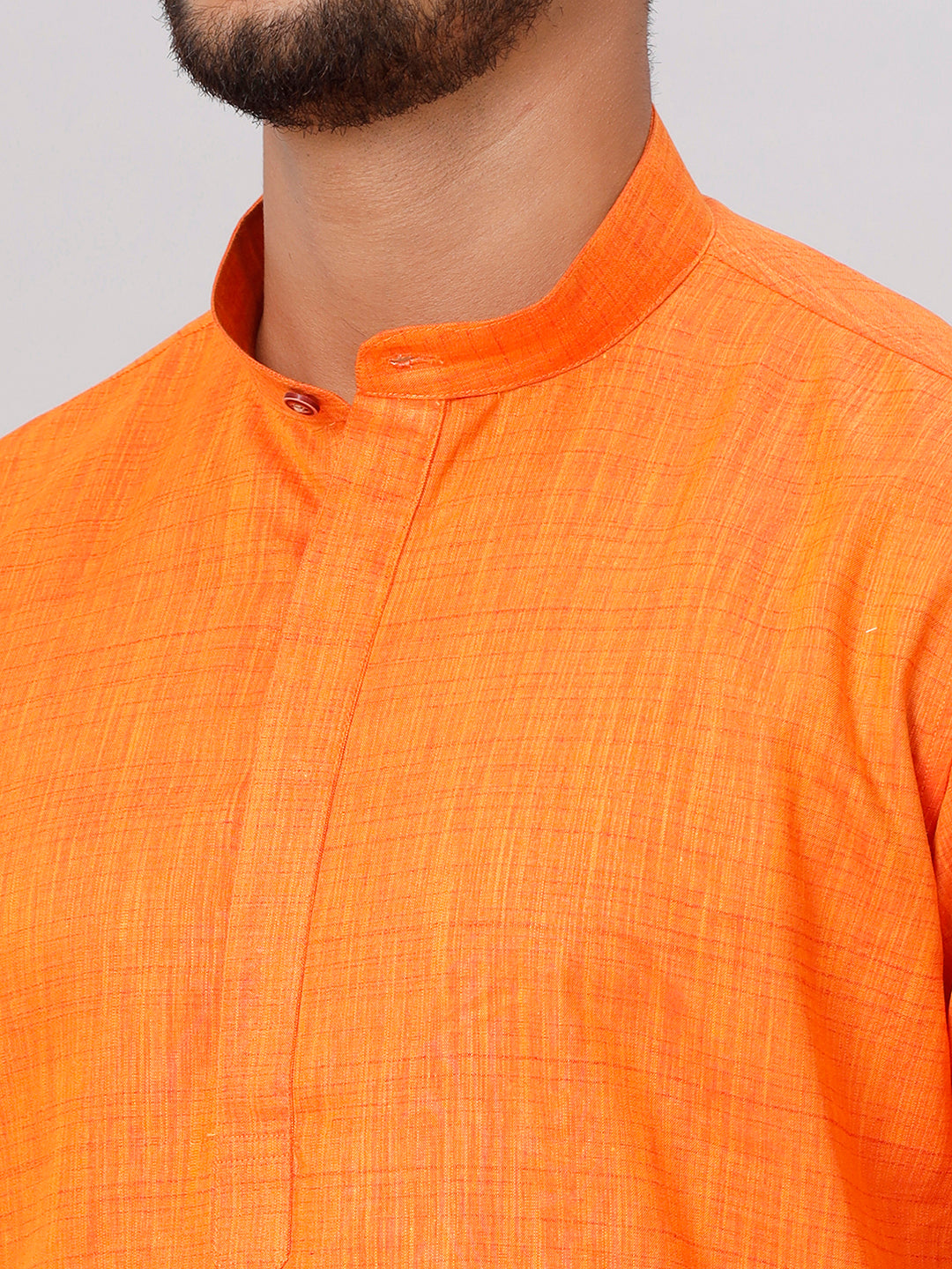 Mens Orange Medium Length Kurta with 3/4" Gold Jari White Dhoti Set FS3-Zoom view