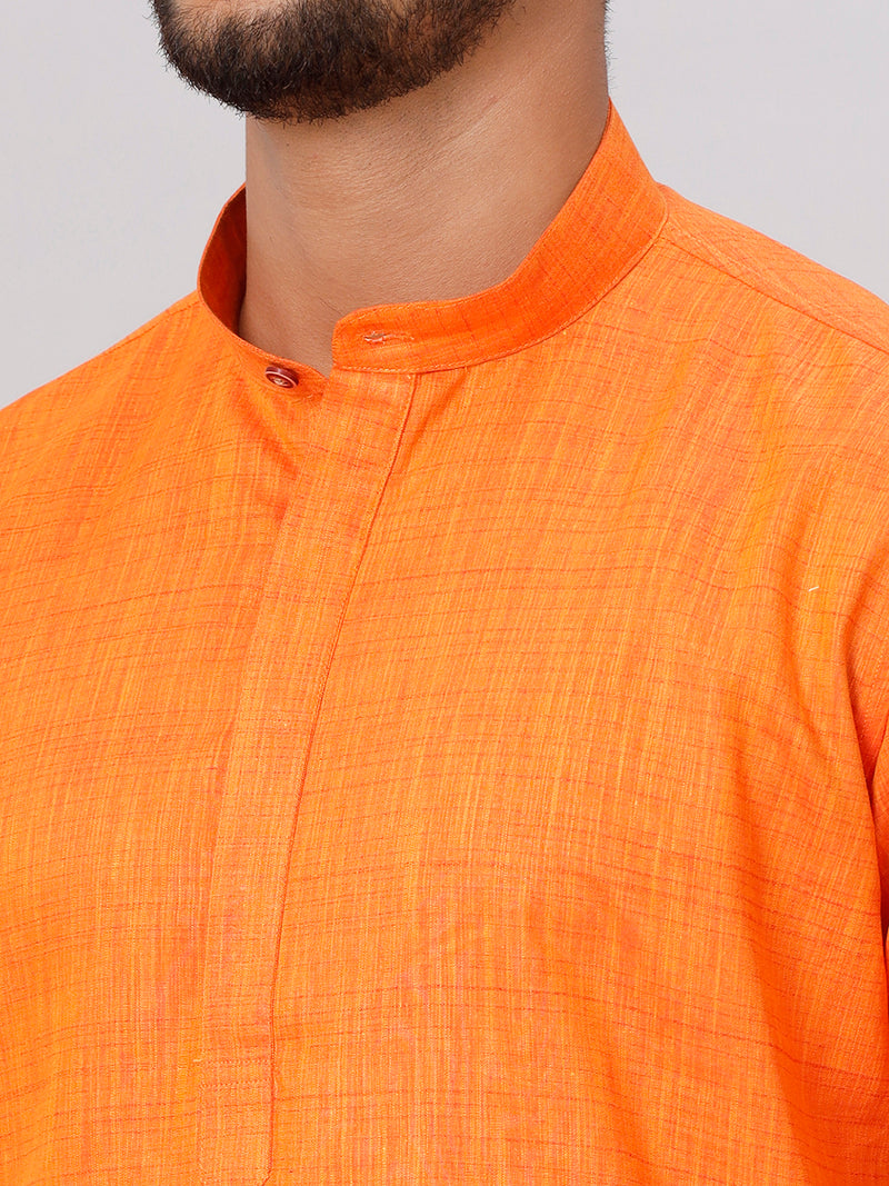 Mens Orange Medium Length Kurta with 3/4" Gold Jari White Dhoti Set FS3