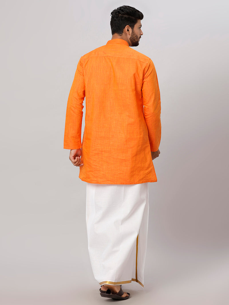 Mens Orange Medium Length Kurta with 3/4" Gold Jari White Dhoti Set FS3