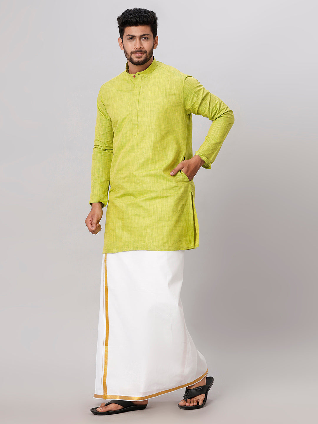 Like Father Like Son Parrot Green Kurta and Gold Jari White Dhoti Combo FS2-Front view