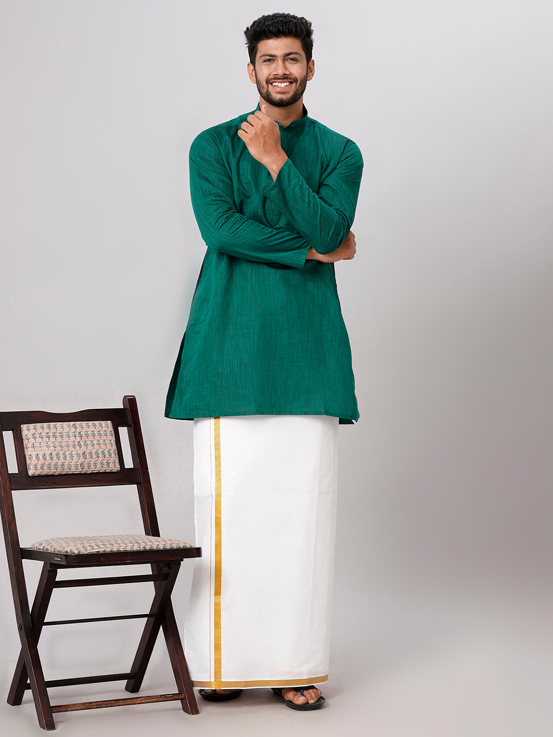 Mens Dark Green Medium Length Kurta with 3/4