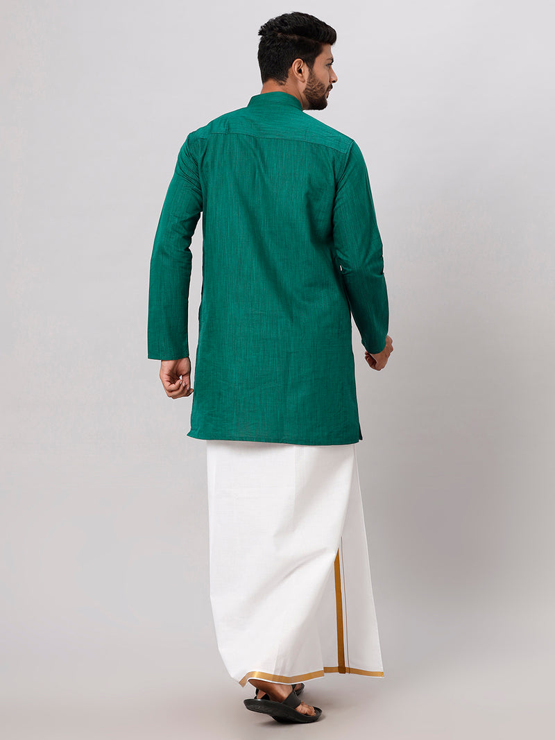 Mens Dark Green Medium Length Kurta with 3/4" Gold Jari White Dhoti Set FS5