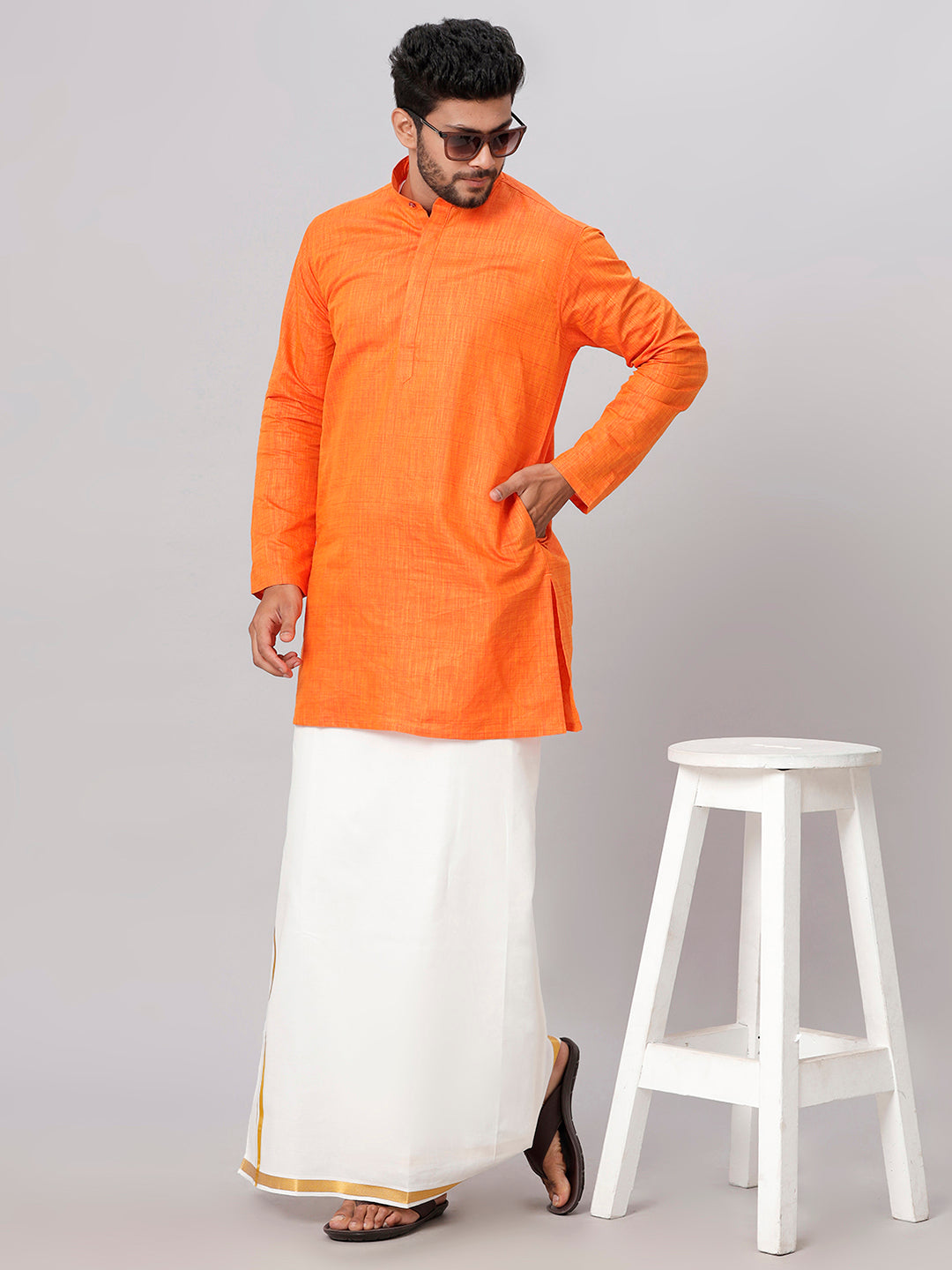 Mens Orange Medium Length Kurta with 3/4" Gold Jari Border Cream Dhoti Set FS3