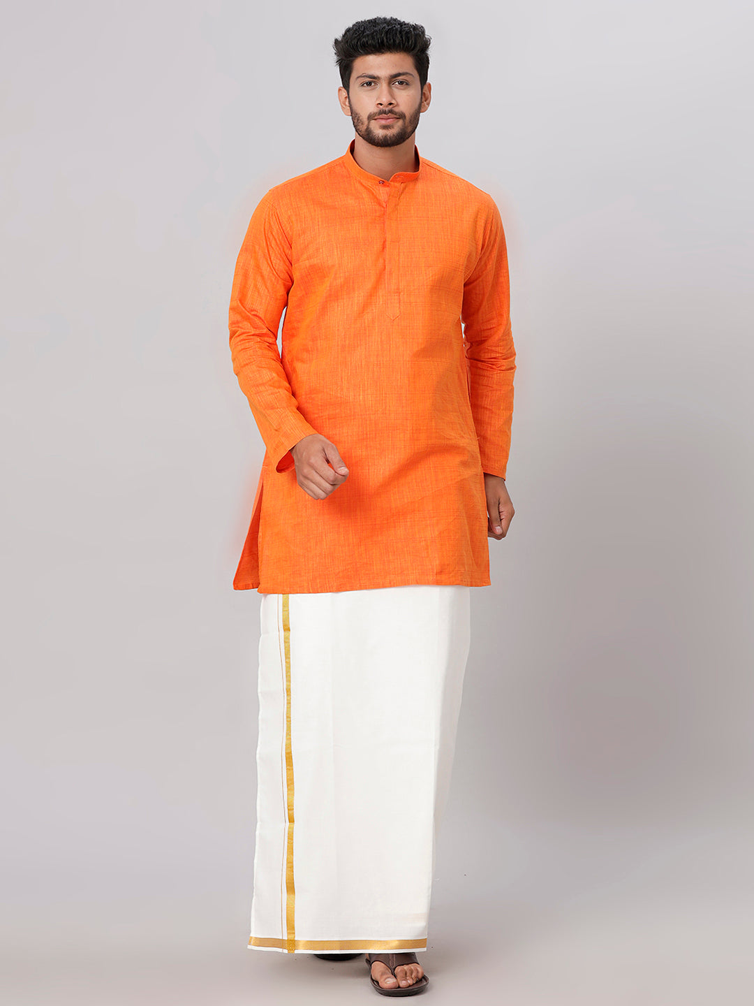 Mens Orange Medium Length Kurta with 3/4" Gold Jari Border Cream Dhoti Set FS3