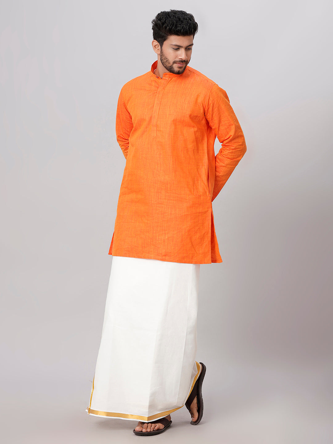 Mens Orange Medium Length Kurta with 3/4" Gold Jari Border Cream Dhoti Set FS3