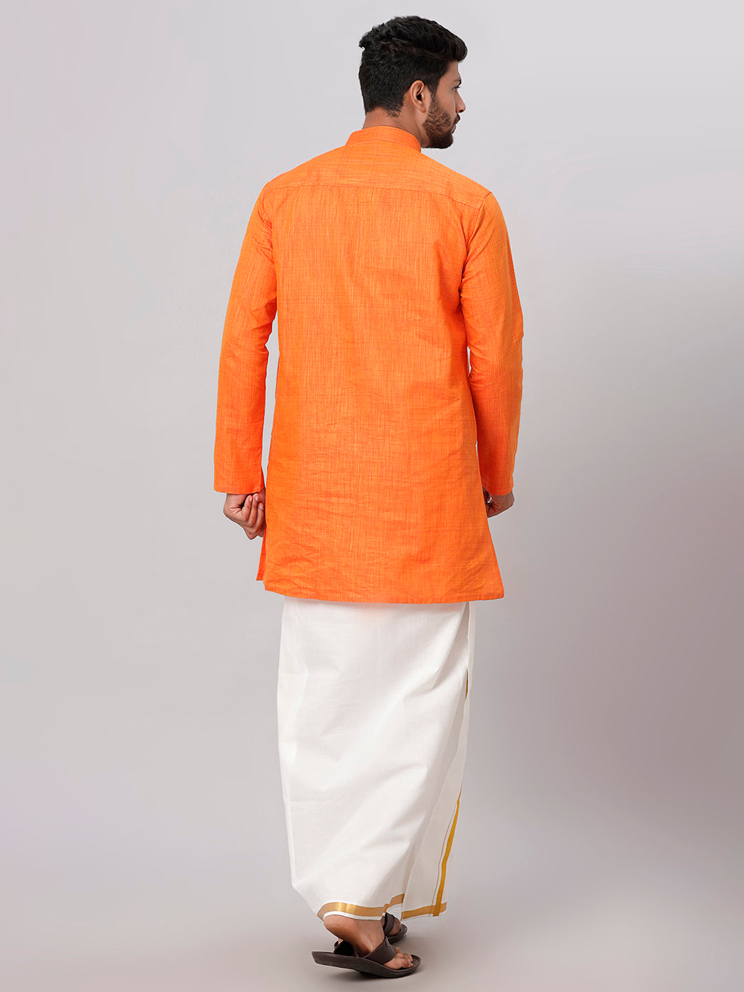 Mens Orange Medium Length Kurta with 3/4" Gold Jari Border Cream Dhoti Set FS3