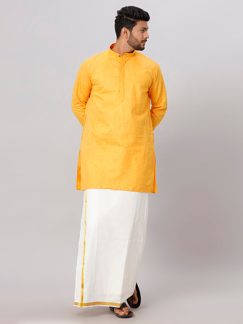 Mens Yellow Medium Length Kurta with 3/4" Gold Jari Cream Dhoti Set FS1
