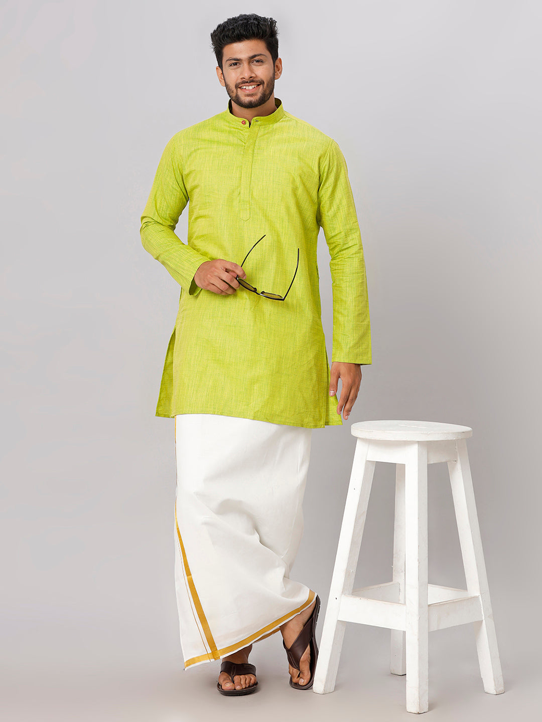 Mens Parrot Green Medium Length Kurta with 3/4" Gold Jari Border Cream Dhoti Set FS2