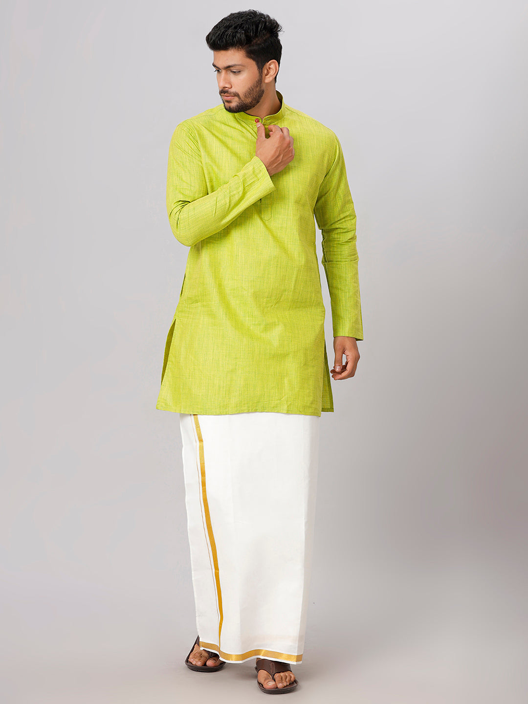 Mens Parrot Green Medium Length Kurta with 3/4" Gold Jari Border Cream Dhoti Set FS2