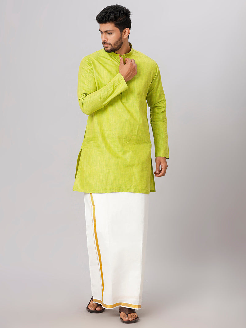 Mens Parrot Green Medium Length Kurta with 3/4" Gold Jari Cream Dhoti Set FS2