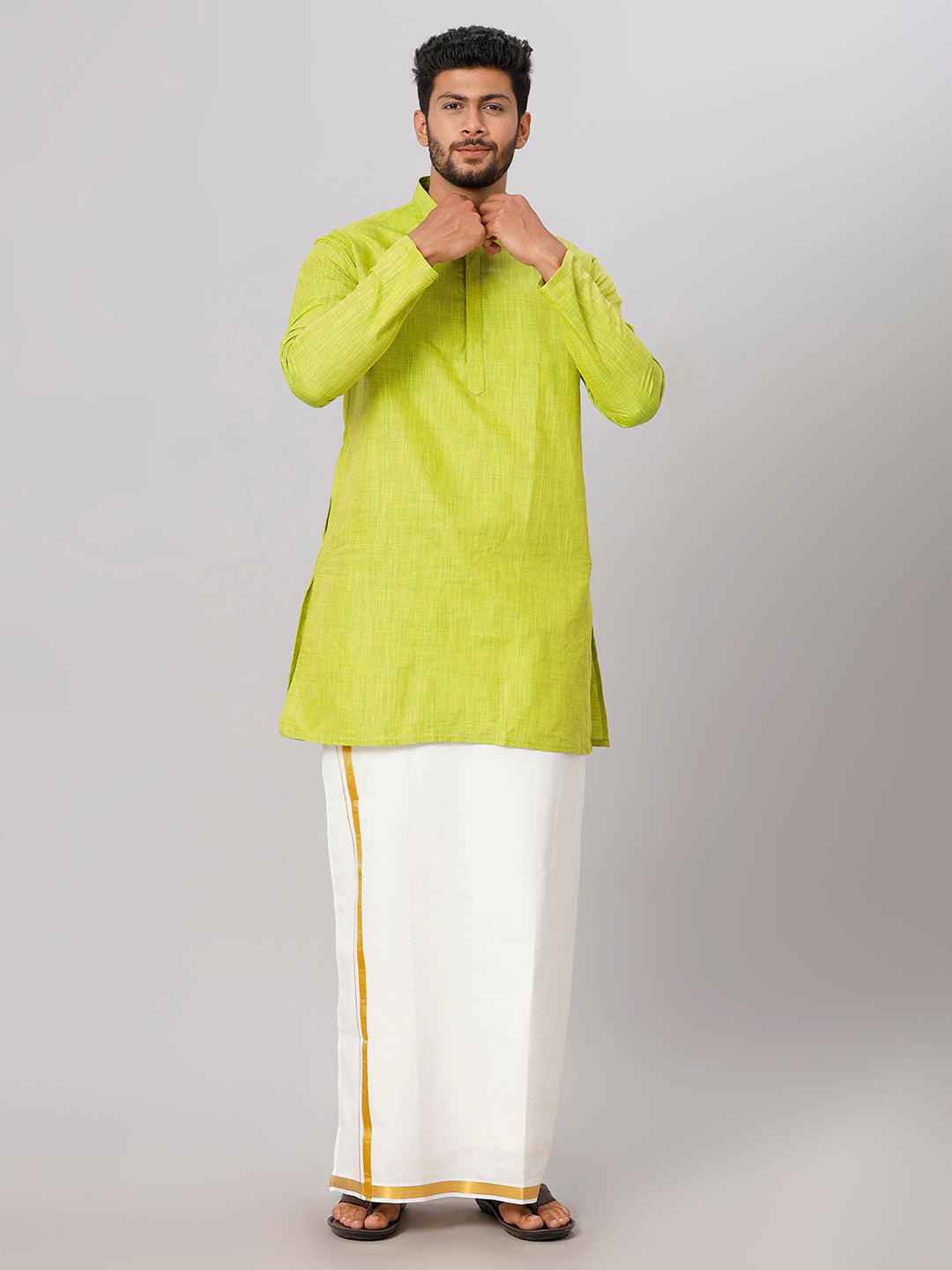 Mens Parrot Green Medium Length Kurta with 3/4" Gold Jari Border Cream Dhoti Set FS2