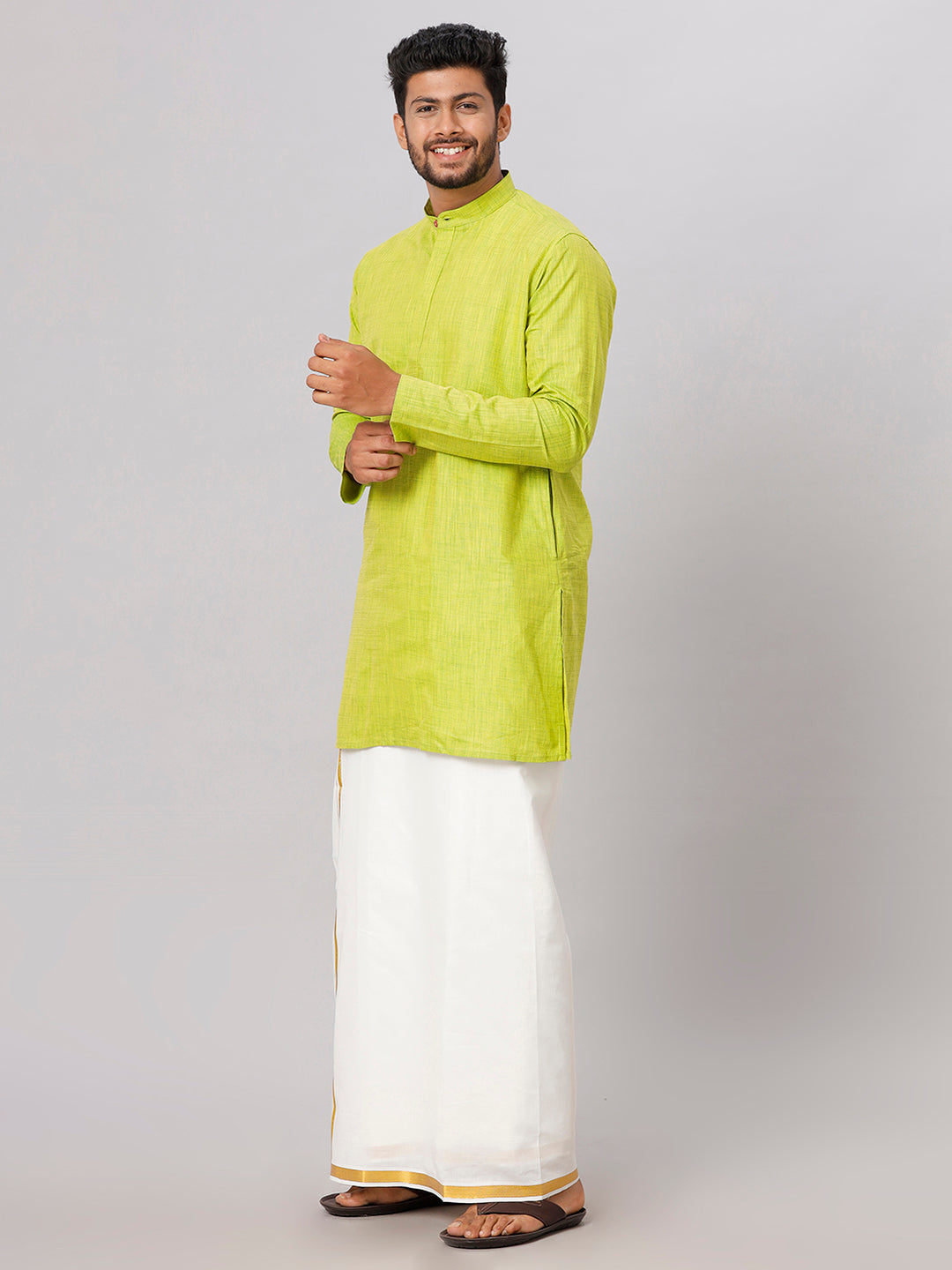 Mens Parrot Green Medium Length Kurta with 3/4" Gold Jari Border Cream Dhoti Set FS2