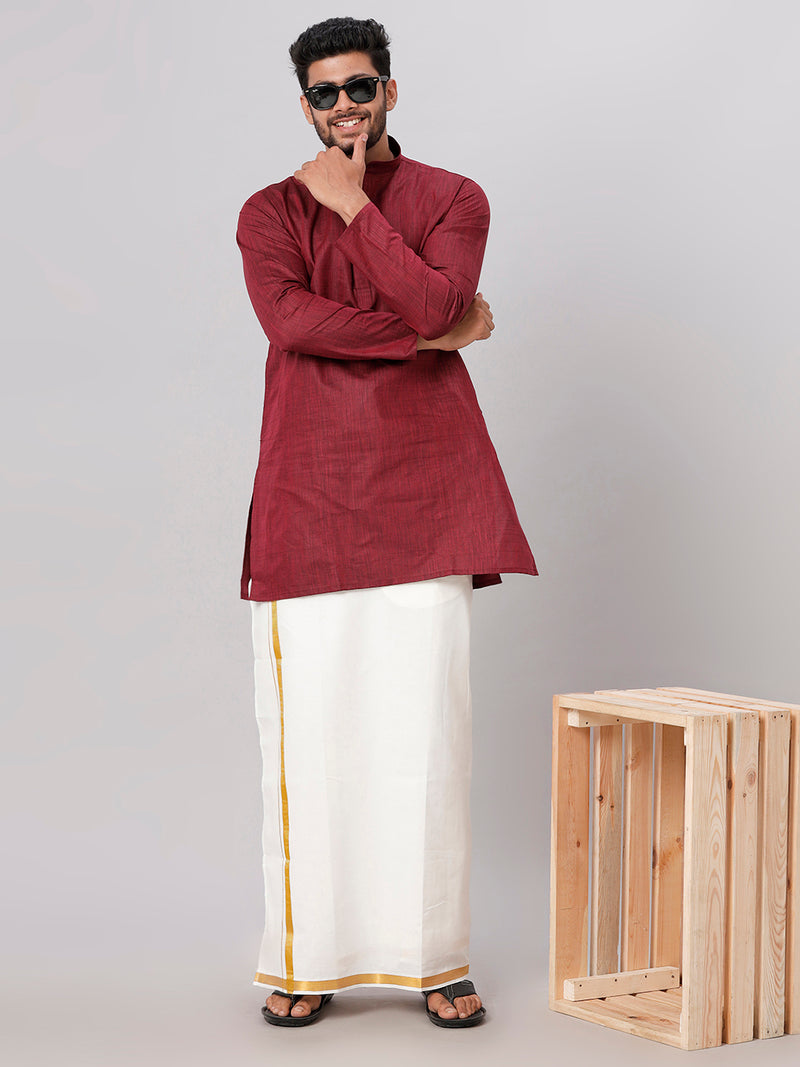 Mens Maroon Medium Length Kurta with 3/4" Gold Jari Cream Dhoti Set FS7