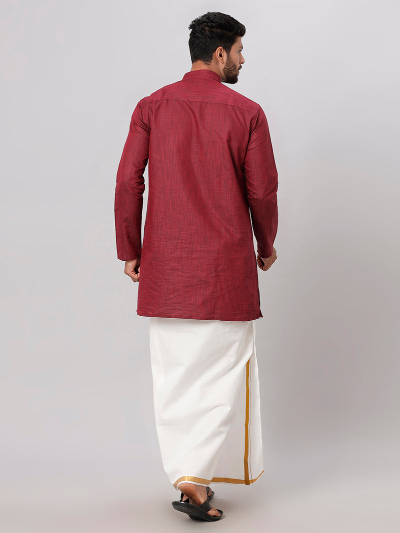 Mens Maroon Medium Length Kurta with 3/4" Gold Jari Cream Dhoti Set FS7