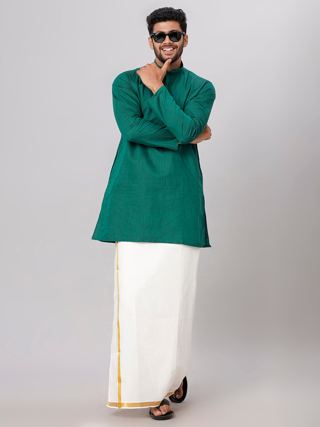 Mens Dark Green Medium Length Kurta with 3/4" Gold Jari Border Cream Dhoti Set FS5