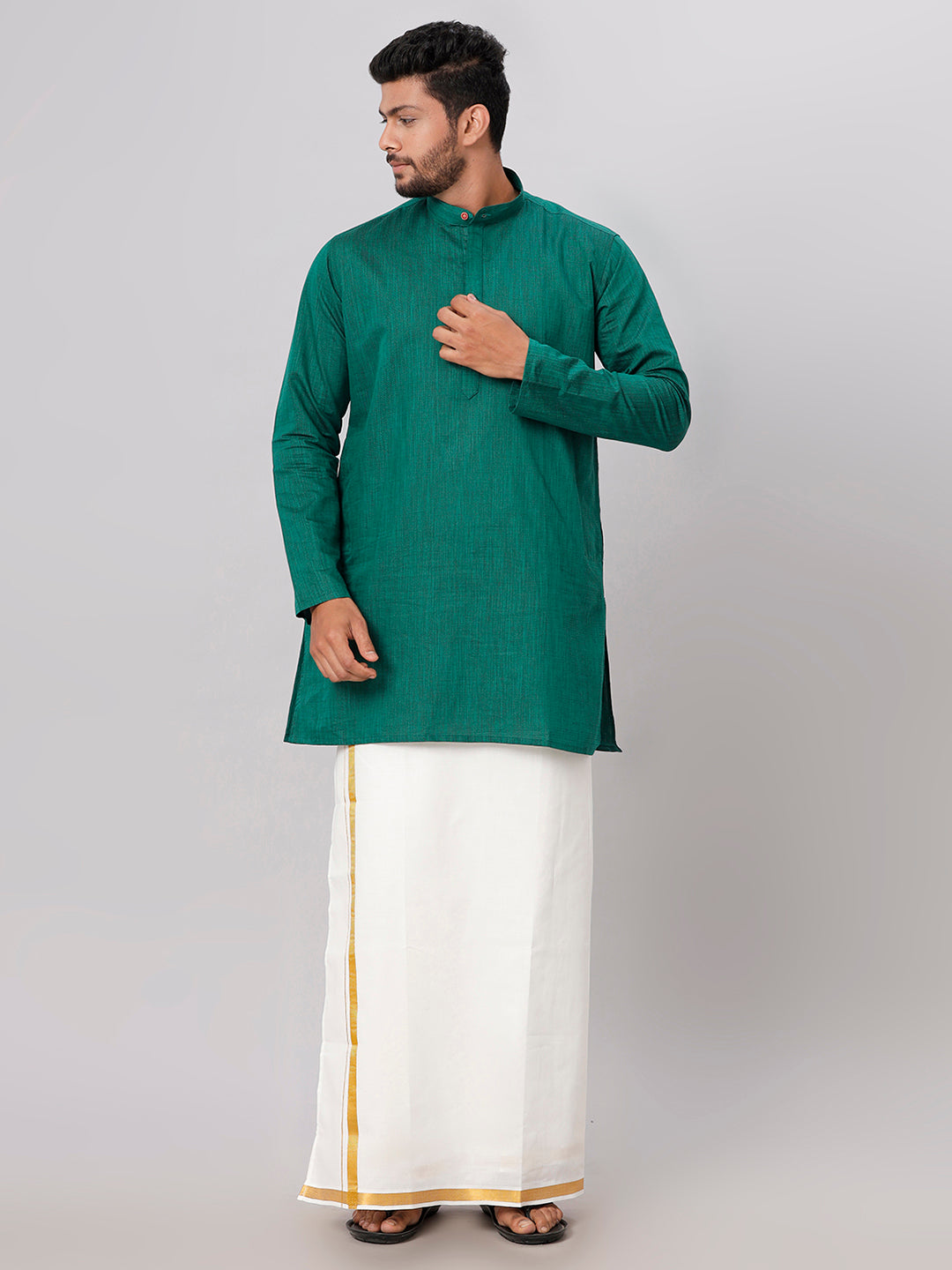 Mens Dark Green Medium Length Kurta with 3/4" Gold Jari Border Cream Dhoti Set FS5