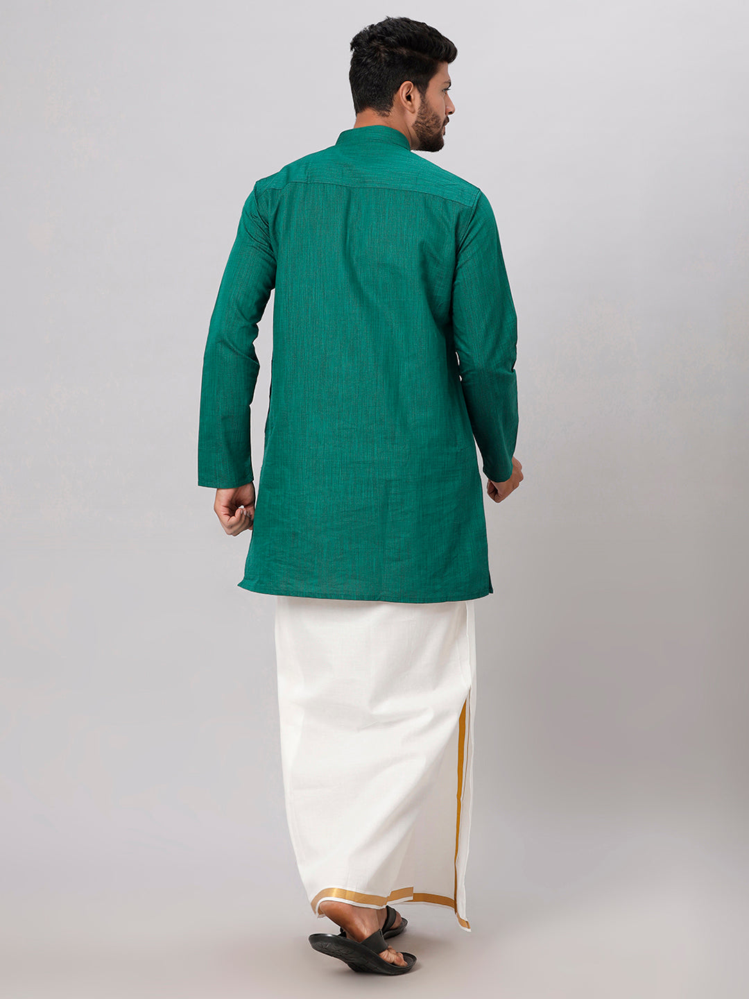 Mens Dark Green Medium Length Kurta with 3/4" Gold Jari Border Cream Dhoti Set FS5