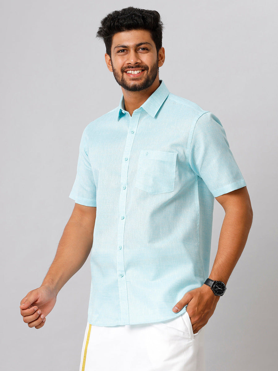 Mens Cotton Formal Shirt Half Sleeves Blue T3 CV10-Side view