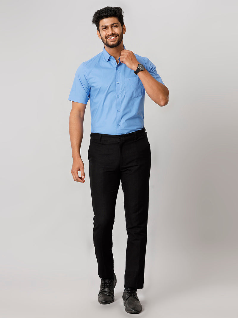 Mens Formal Cotton Spandex 2 Way Stretch Blue Half Sleeves Shirt LY8