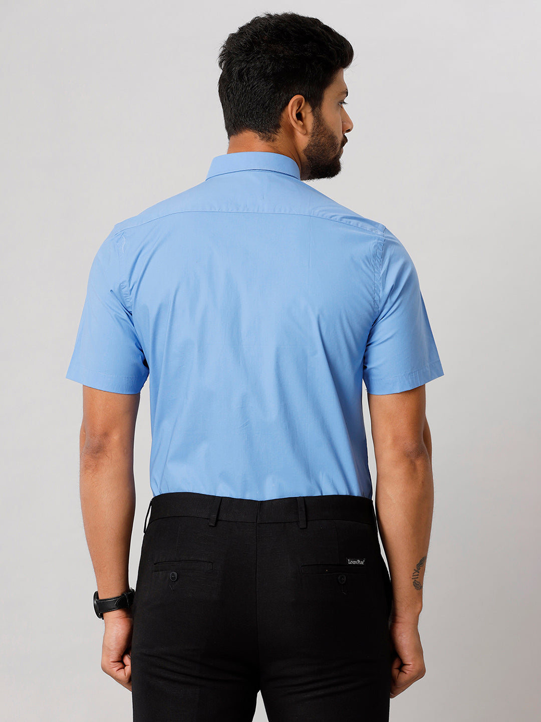 Mens Formal Cotton Spandex 2 Way Stretch Blue Half Sleeves Shirt LY8-Back view