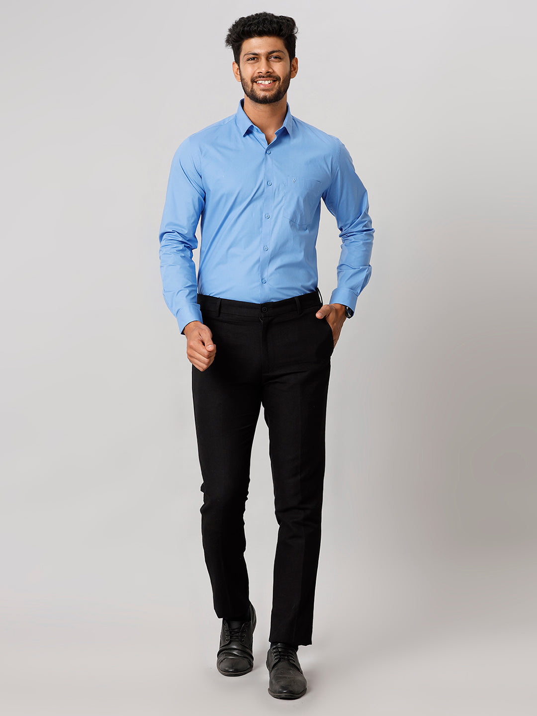 Mens Formal Cotton Spandex 2 Way Stretch Blue Full Sleeves Shirt LY8-full view