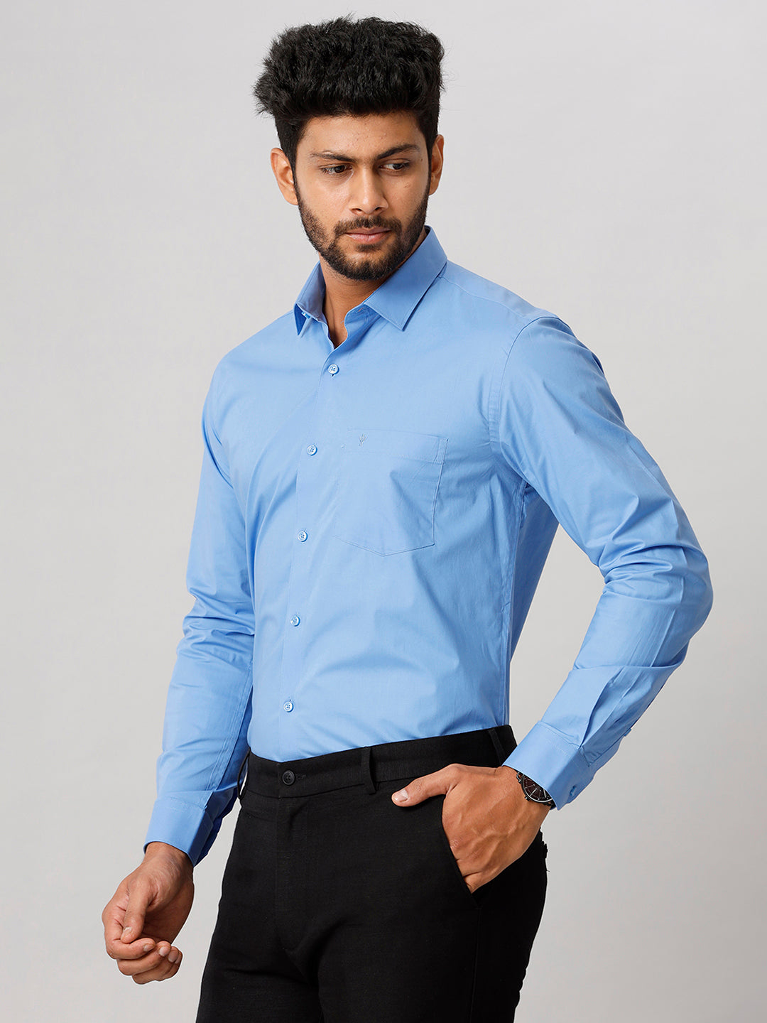 Mens Formal Cotton Spandex 2 Way Stretch Blue Full Sleeves Shirt LY8-Side view