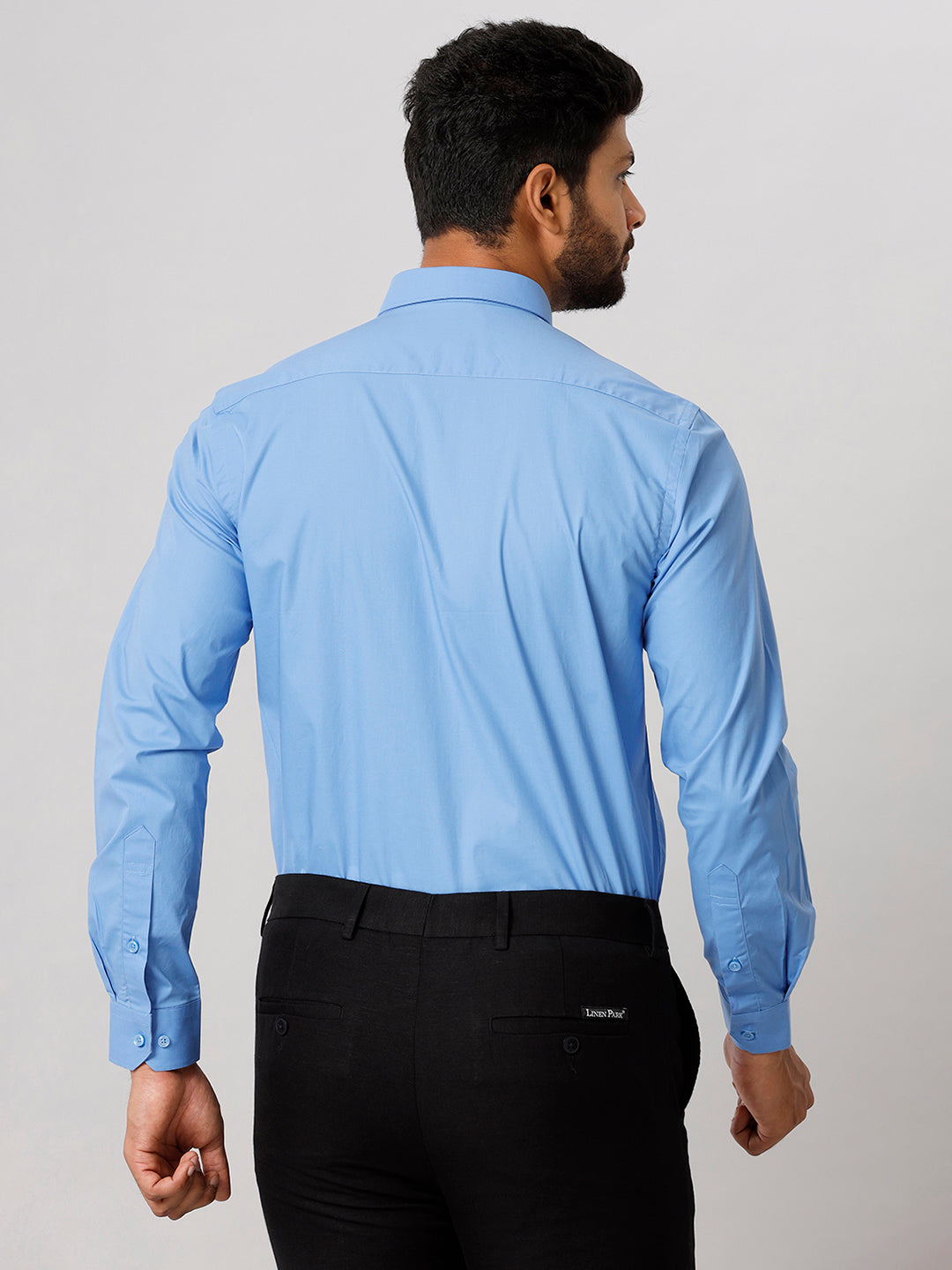 Mens Formal Cotton Spandex 2 Way Stretch Blue Full Sleeves Shirt LY8-Back view