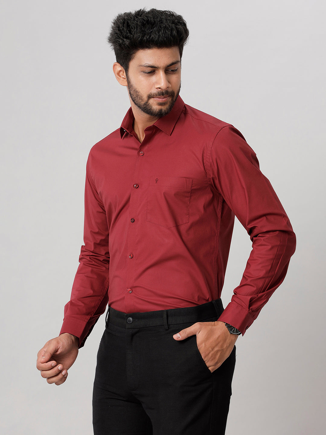 Mens Formal Cotton Spandex 2 Way Stretch Maroon Full Sleeves Shirt LY6-Side view