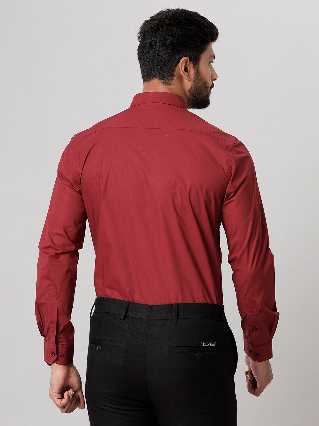 Mens Formal Cotton Spandex 2 Way Stretch Maroon Full Sleeves Shirt LY6-Back view