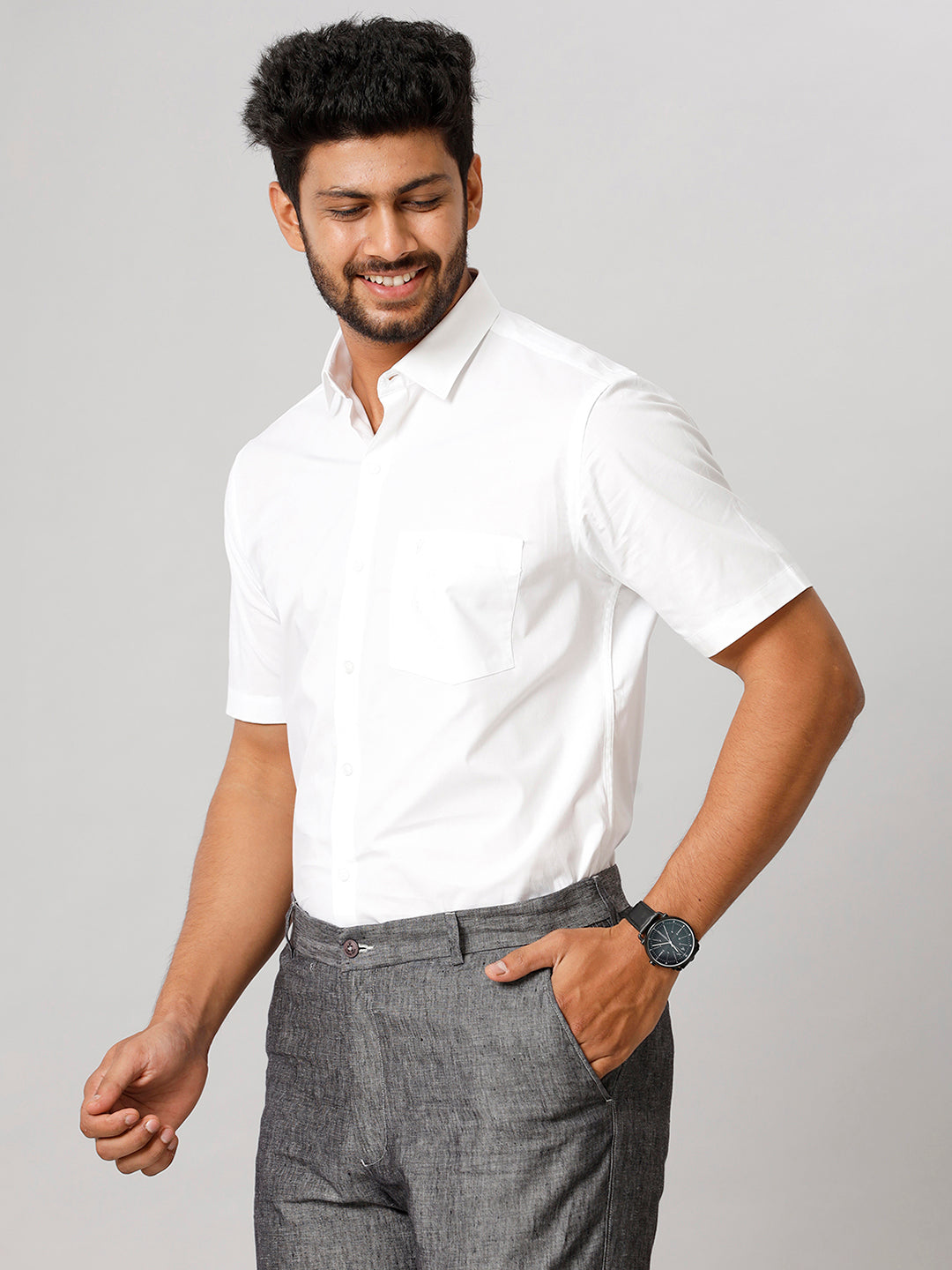 Mens Formal Cotton Spandex 2 Way Stretch White Half Sleeves Shirt-Side view