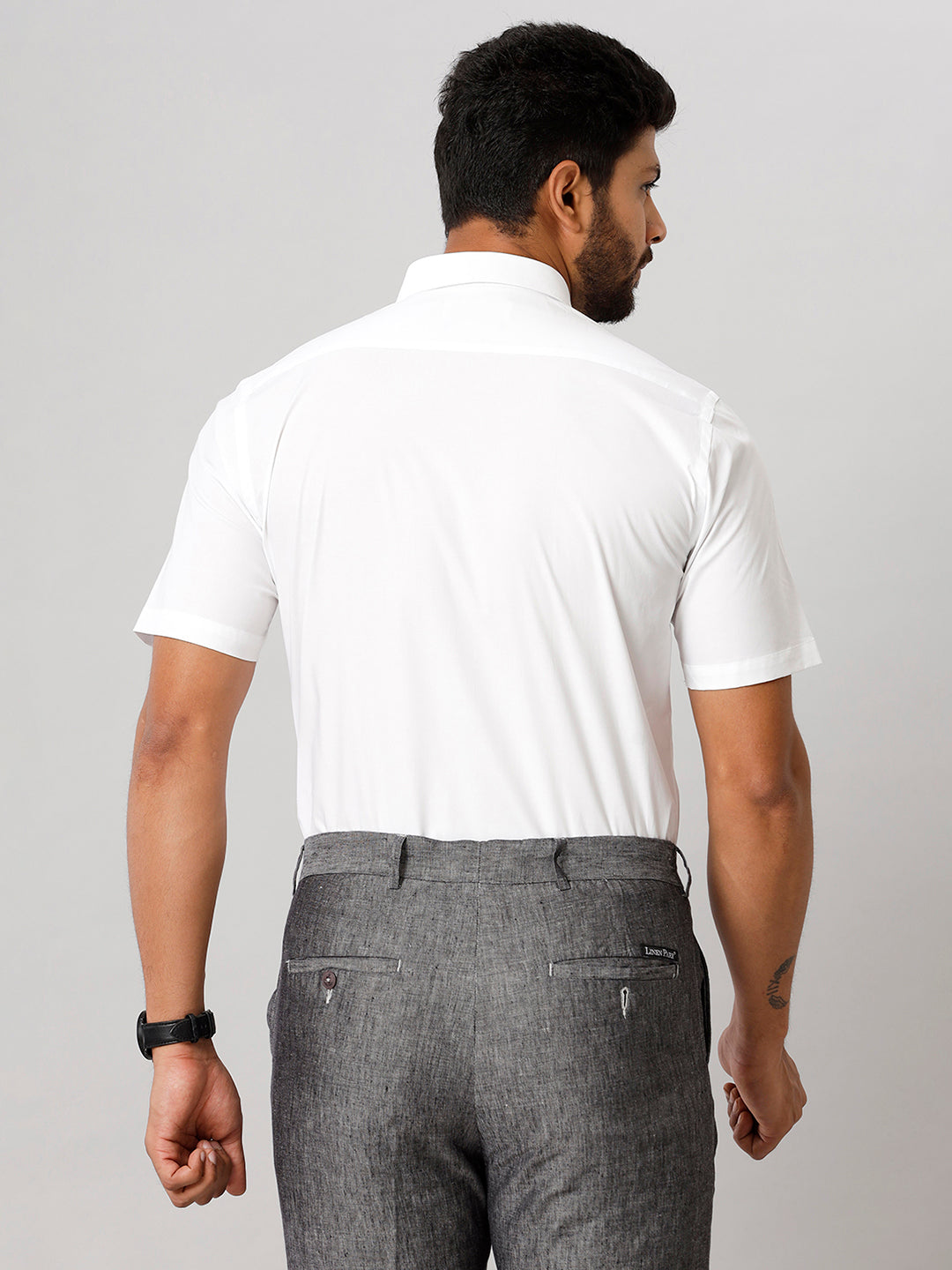Mens Formal Cotton Spandex 2 Way Stretch White Half Sleeves Shirt-Back view
